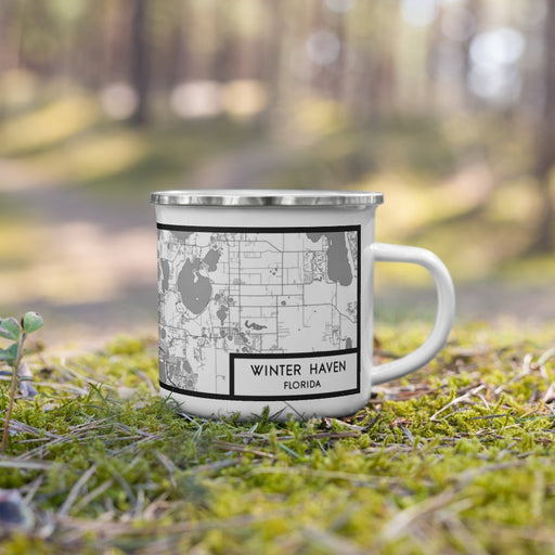 Right View Custom Winter Haven Florida Map Enamel Mug in Classic on Grass With Trees in Background