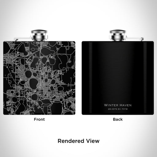 Rendered View of Winter Haven Florida Map Engraving on 6oz Stainless Steel Flask in Black