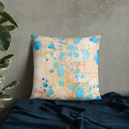 Custom Winter Haven Florida Map Throw Pillow in Watercolor on Bedding Against Wall
