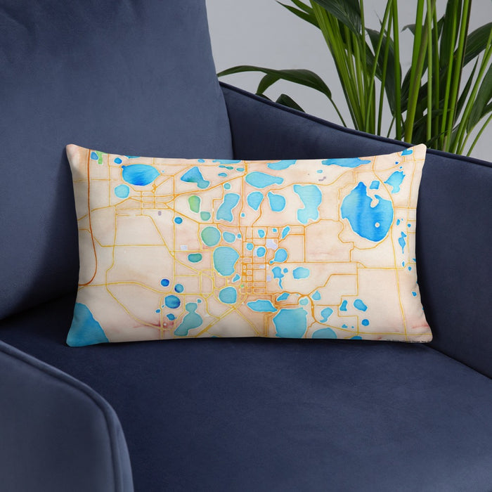 Custom Winter Haven Florida Map Throw Pillow in Watercolor on Blue Colored Chair