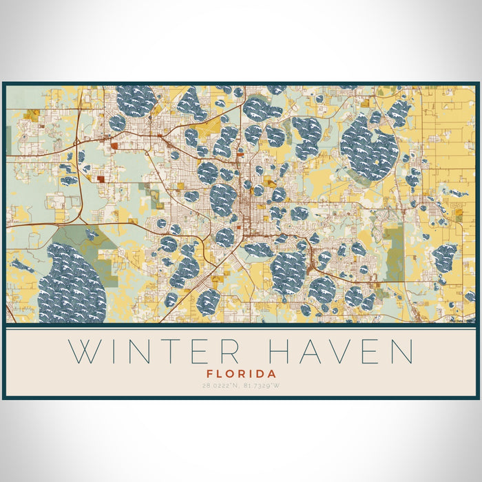 Winter Haven Florida Map Print Landscape Orientation in Woodblock Style With Shaded Background