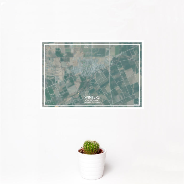 12x18 Winters California Map Print Landscape Orientation in Afternoon Style With Small Cactus Plant in White Planter