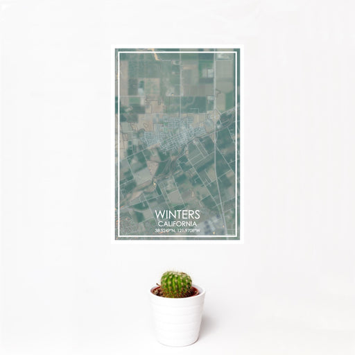 12x18 Winters California Map Print Portrait Orientation in Afternoon Style With Small Cactus Plant in White Planter