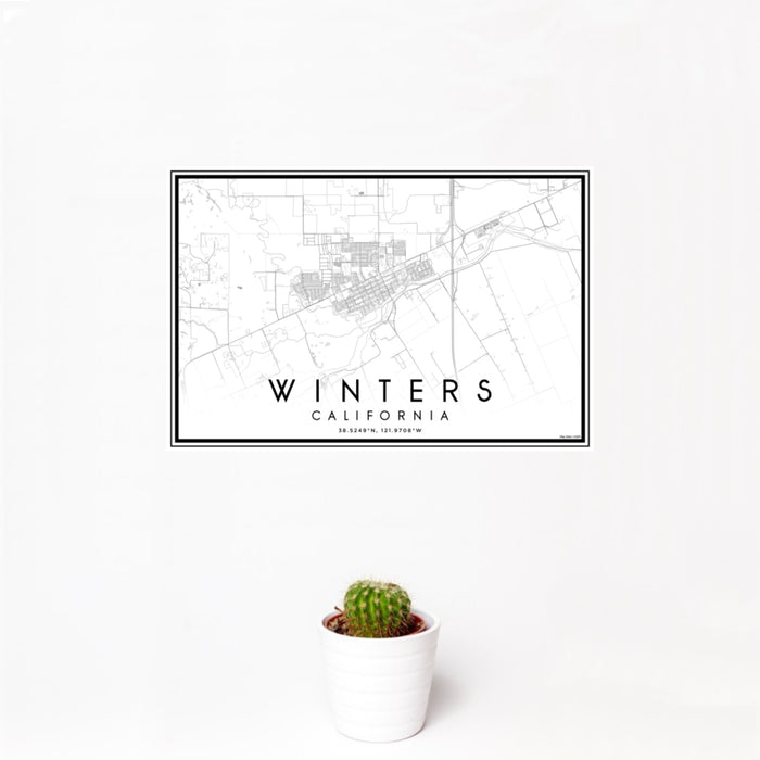 12x18 Winters California Map Print Landscape Orientation in Classic Style With Small Cactus Plant in White Planter