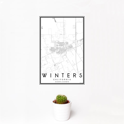 12x18 Winters California Map Print Portrait Orientation in Classic Style With Small Cactus Plant in White Planter