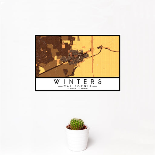 12x18 Winters California Map Print Landscape Orientation in Ember Style With Small Cactus Plant in White Planter