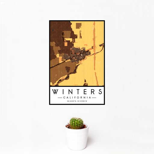 12x18 Winters California Map Print Portrait Orientation in Ember Style With Small Cactus Plant in White Planter