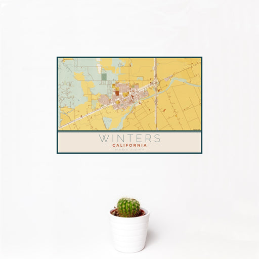 12x18 Winters California Map Print Landscape Orientation in Woodblock Style With Small Cactus Plant in White Planter