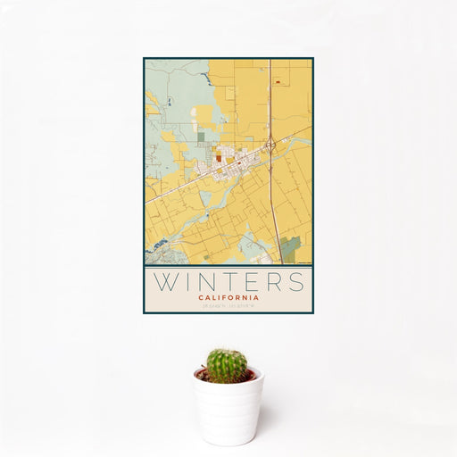 12x18 Winters California Map Print Portrait Orientation in Woodblock Style With Small Cactus Plant in White Planter