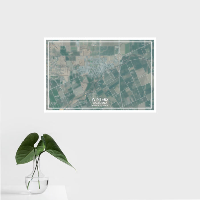 16x24 Winters California Map Print Landscape Orientation in Afternoon Style With Tropical Plant Leaves in Water