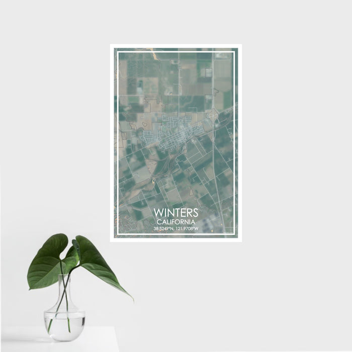 16x24 Winters California Map Print Portrait Orientation in Afternoon Style With Tropical Plant Leaves in Water