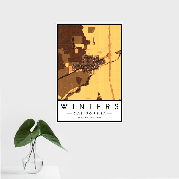 16x24 Winters California Map Print Portrait Orientation in Ember Style With Tropical Plant Leaves in Water
