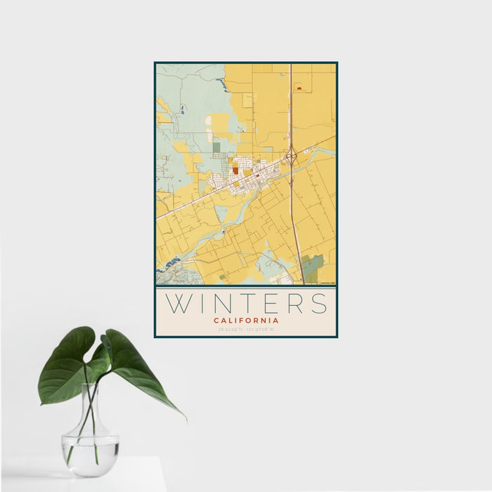 16x24 Winters California Map Print Portrait Orientation in Woodblock Style With Tropical Plant Leaves in Water