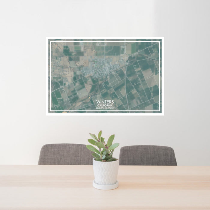 24x36 Winters California Map Print Lanscape Orientation in Afternoon Style Behind 2 Chairs Table and Potted Plant
