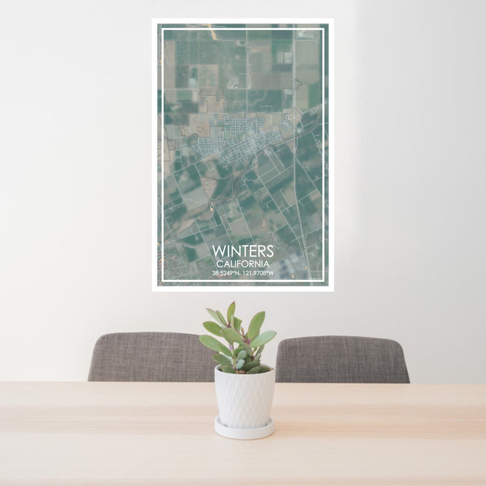 24x36 Winters California Map Print Portrait Orientation in Afternoon Style Behind 2 Chairs Table and Potted Plant