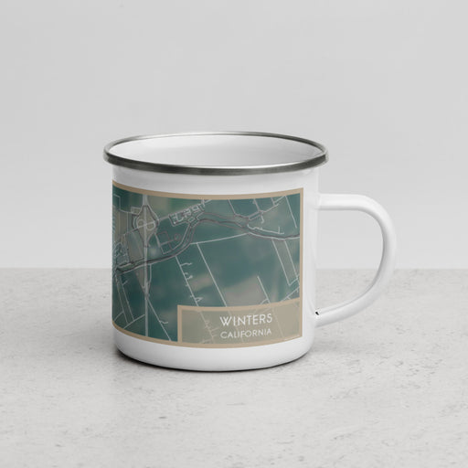 Right View Custom Winters California Map Enamel Mug in Afternoon on Grass With Trees in Background