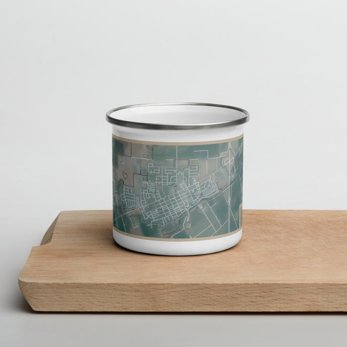 Front View Custom Winters California Map Enamel Mug in Afternoon on Cutting Board