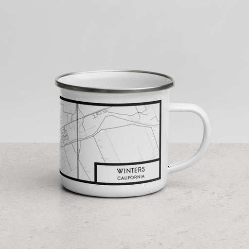 Right View Custom Winters California Map Enamel Mug in Classic on Grass With Trees in Background