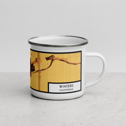 Right View Custom Winters California Map Enamel Mug in Ember on Grass With Trees in Background