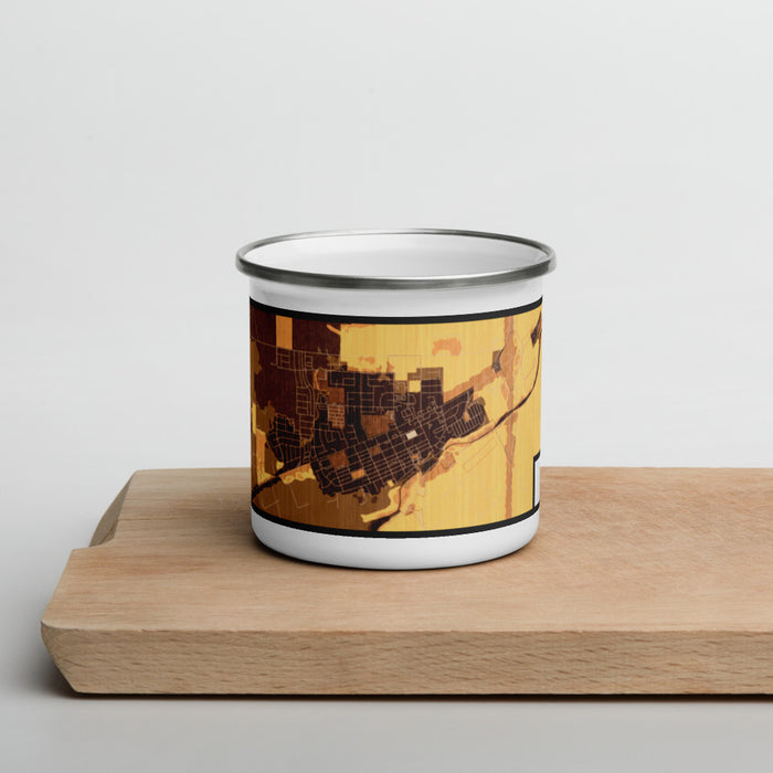 Front View Custom Winters California Map Enamel Mug in Ember on Cutting Board