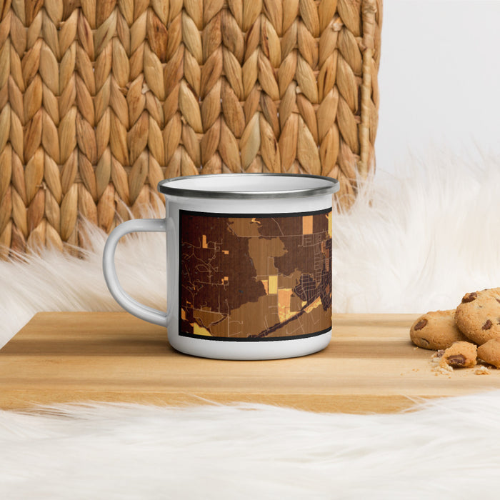 Left View Custom Winters California Map Enamel Mug in Ember on Table Top