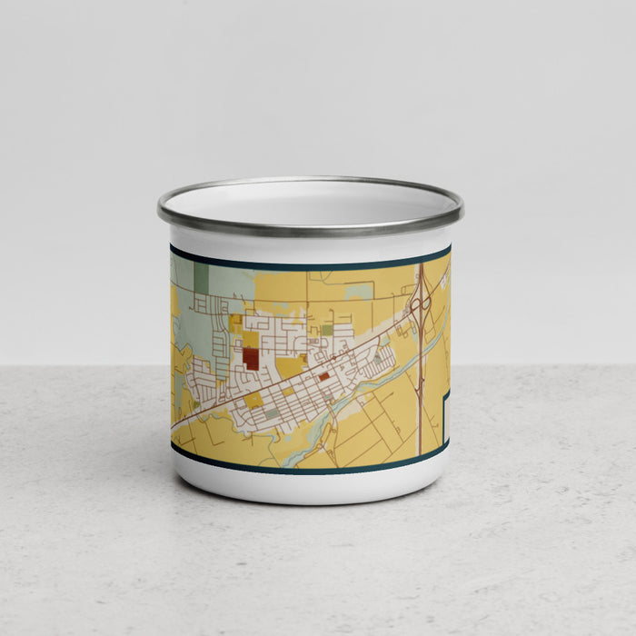 Front View Custom Winters California Map Enamel Mug in Woodblock