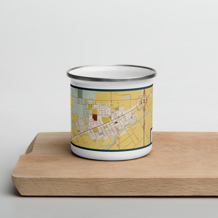 Front View Custom Winters California Map Enamel Mug in Woodblock on Cutting Board