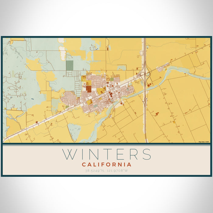Winters California Map Print Landscape Orientation in Woodblock Style With Shaded Background