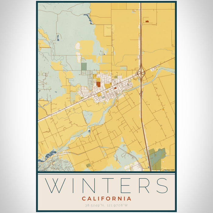 Winters California Map Print Portrait Orientation in Woodblock Style With Shaded Background