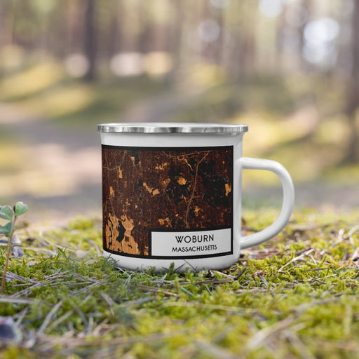 Right View Custom Woburn Massachusetts Map Enamel Mug in Ember on Grass With Trees in Background