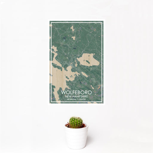 12x18 Wolfeboro New Hampshire Map Print Portrait Orientation in Afternoon Style With Small Cactus Plant in White Planter