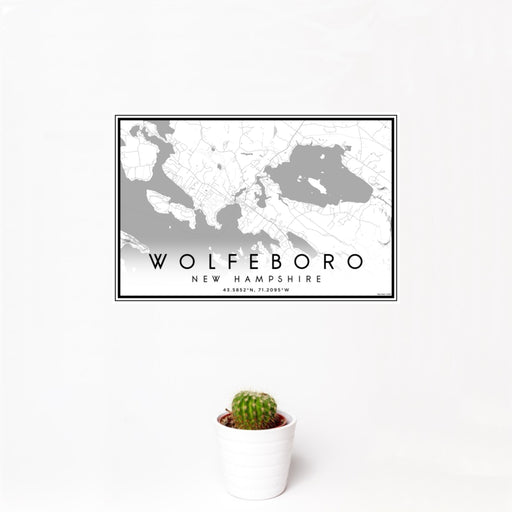 12x18 Wolfeboro New Hampshire Map Print Landscape Orientation in Classic Style With Small Cactus Plant in White Planter