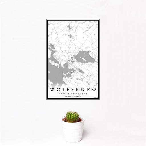 12x18 Wolfeboro New Hampshire Map Print Portrait Orientation in Classic Style With Small Cactus Plant in White Planter