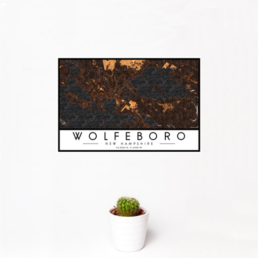 12x18 Wolfeboro New Hampshire Map Print Landscape Orientation in Ember Style With Small Cactus Plant in White Planter