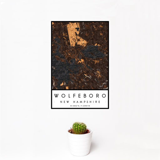 12x18 Wolfeboro New Hampshire Map Print Portrait Orientation in Ember Style With Small Cactus Plant in White Planter