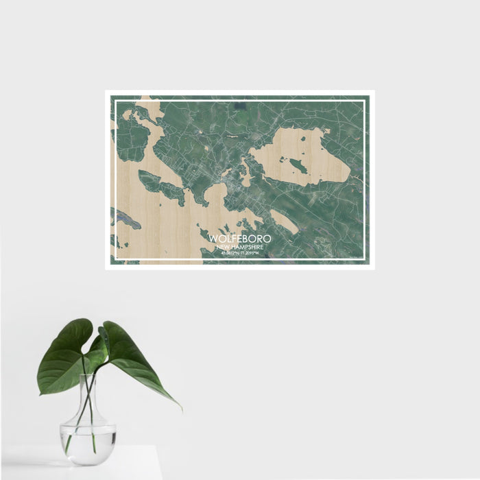16x24 Wolfeboro New Hampshire Map Print Landscape Orientation in Afternoon Style With Tropical Plant Leaves in Water
