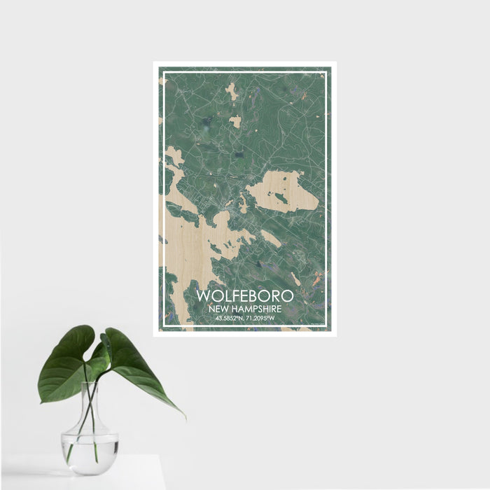 16x24 Wolfeboro New Hampshire Map Print Portrait Orientation in Afternoon Style With Tropical Plant Leaves in Water
