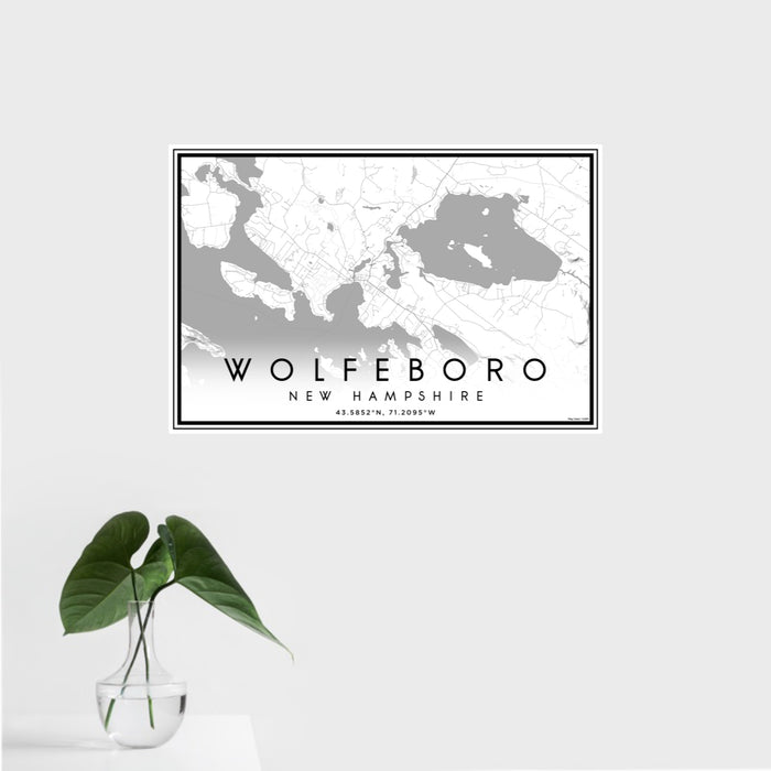 16x24 Wolfeboro New Hampshire Map Print Landscape Orientation in Classic Style With Tropical Plant Leaves in Water