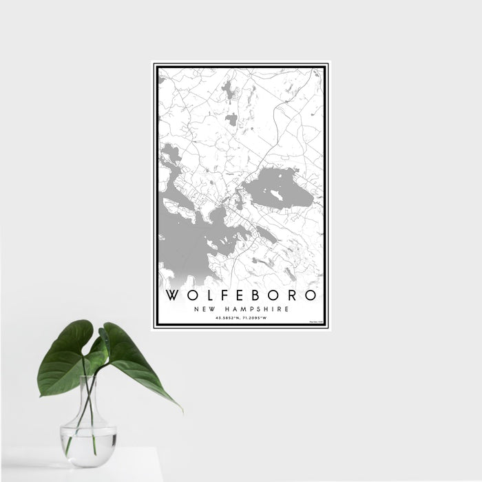 16x24 Wolfeboro New Hampshire Map Print Portrait Orientation in Classic Style With Tropical Plant Leaves in Water