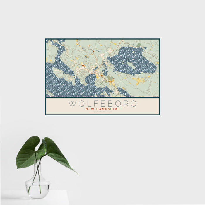 16x24 Wolfeboro New Hampshire Map Print Landscape Orientation in Woodblock Style With Tropical Plant Leaves in Water