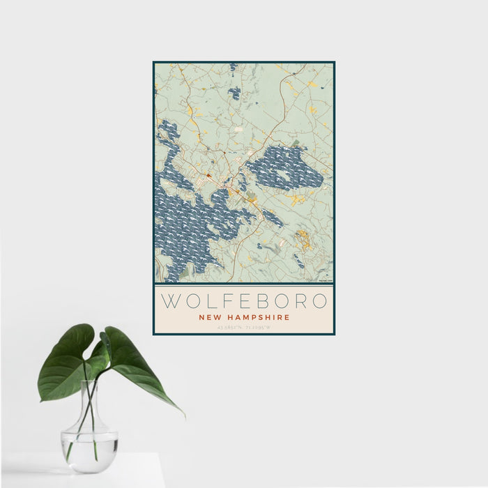 16x24 Wolfeboro New Hampshire Map Print Portrait Orientation in Woodblock Style With Tropical Plant Leaves in Water