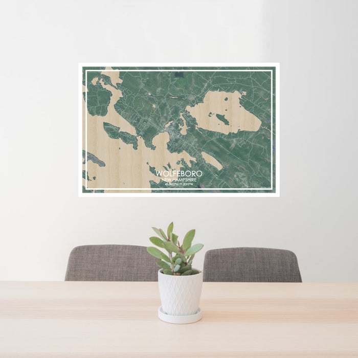 24x36 Wolfeboro New Hampshire Map Print Lanscape Orientation in Afternoon Style Behind 2 Chairs Table and Potted Plant
