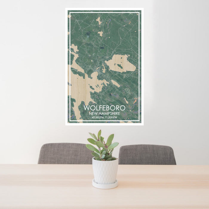 24x36 Wolfeboro New Hampshire Map Print Portrait Orientation in Afternoon Style Behind 2 Chairs Table and Potted Plant