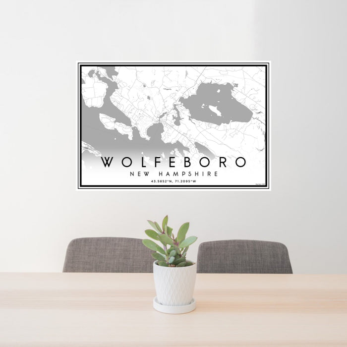 24x36 Wolfeboro New Hampshire Map Print Lanscape Orientation in Classic Style Behind 2 Chairs Table and Potted Plant