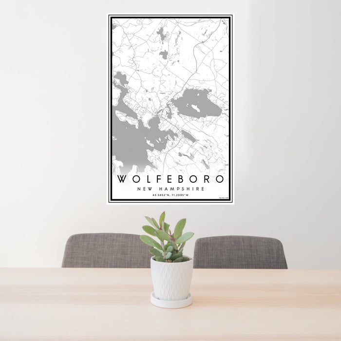 24x36 Wolfeboro New Hampshire Map Print Portrait Orientation in Classic Style Behind 2 Chairs Table and Potted Plant