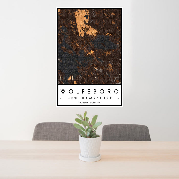 24x36 Wolfeboro New Hampshire Map Print Portrait Orientation in Ember Style Behind 2 Chairs Table and Potted Plant