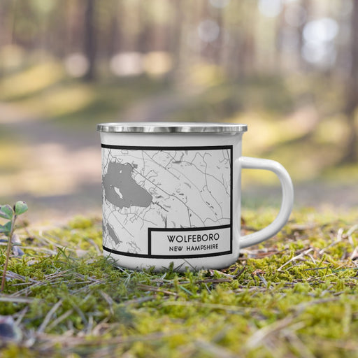 Right View Custom Wolfeboro New Hampshire Map Enamel Mug in Classic on Grass With Trees in Background