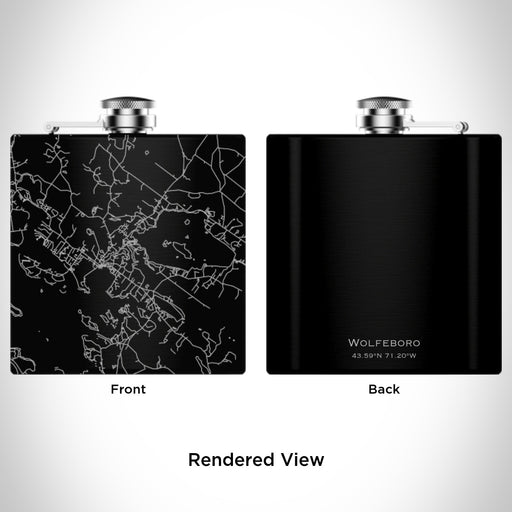 Rendered View of Wolfeboro New Hampshire Map Engraving on 6oz Stainless Steel Flask in Black