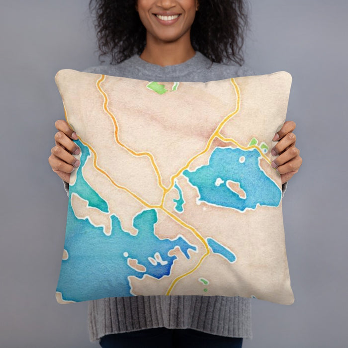 Person holding 18x18 Custom Wolfeboro New Hampshire Map Throw Pillow in Watercolor