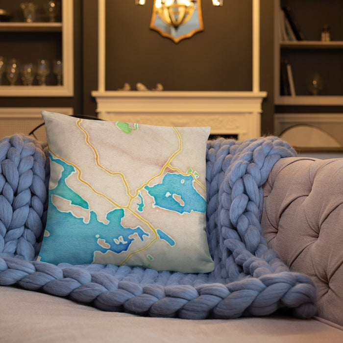 Custom Wolfeboro New Hampshire Map Throw Pillow in Watercolor on Cream Colored Couch